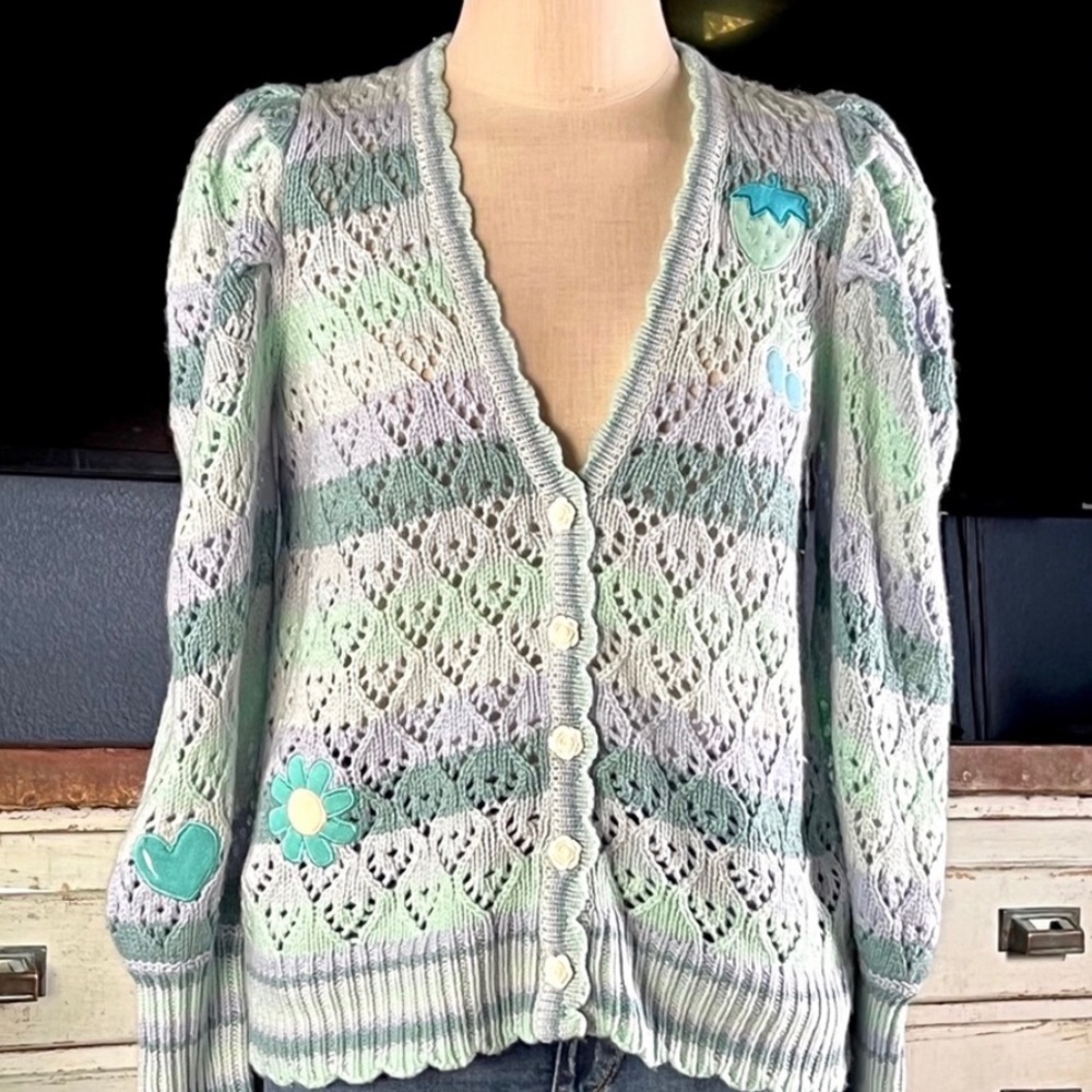 LoveShackFancy Fruity Punch Brody Mint Julep Cardigan Sweater NWT New M